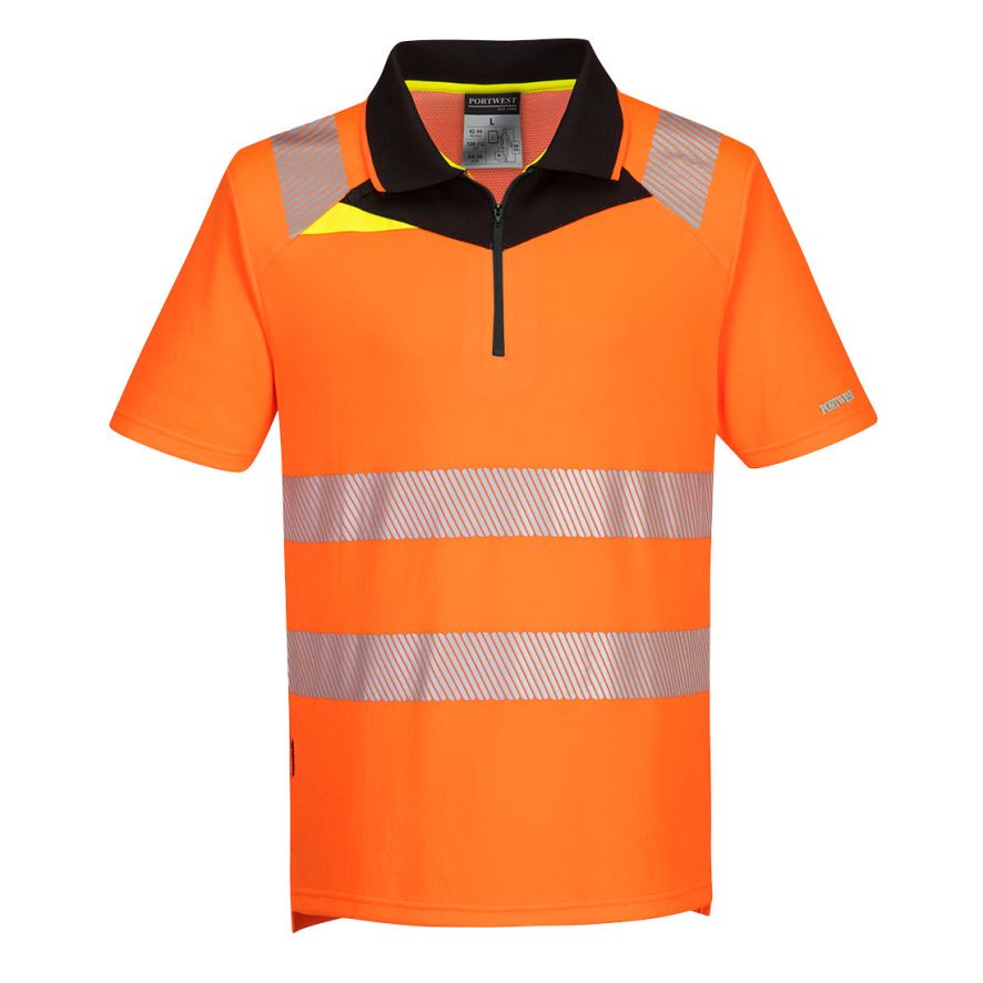 DX4 Hi-Vis Zip Polo Shirt S/S, 4XL, R, Orange/Black