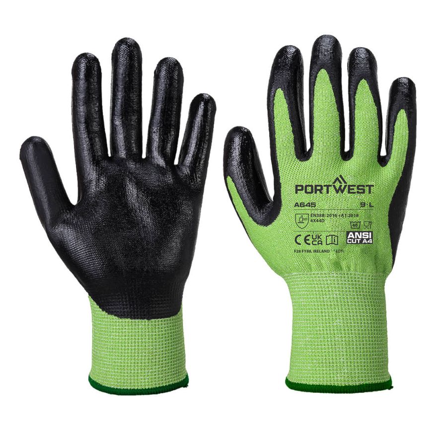 Green Cut Glove - Nitrile Foam, L, R, Green/Black