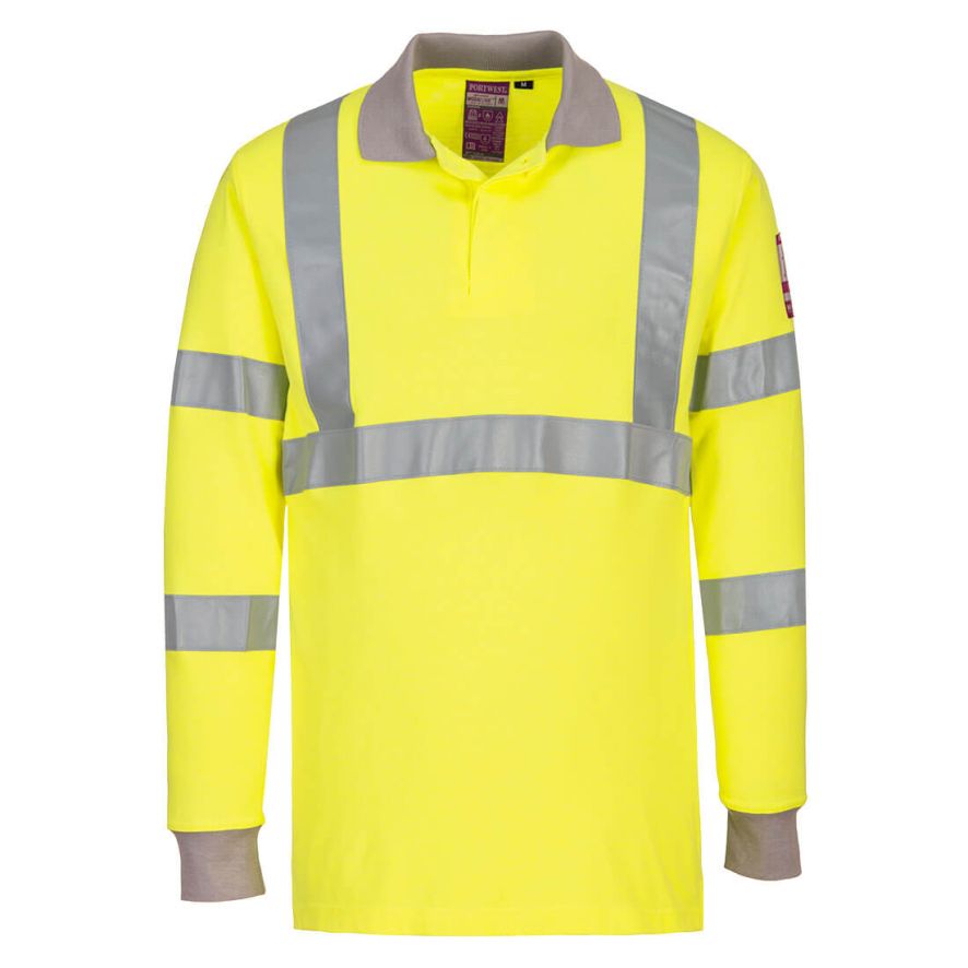 Flame Resistant Anti-Static Hi-Vis Long Sleeve Polo Shirt, 4XL, R, Yellow