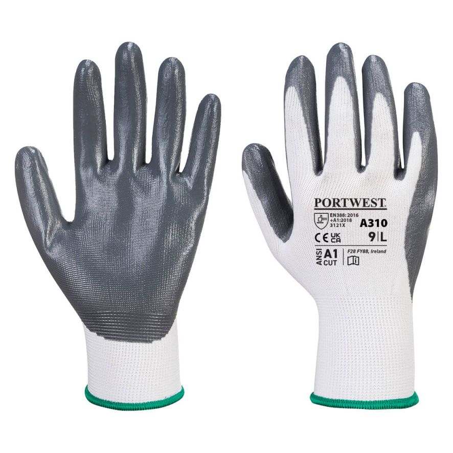 Flexo Grip Nitrile Glove, L, W, Grey/White