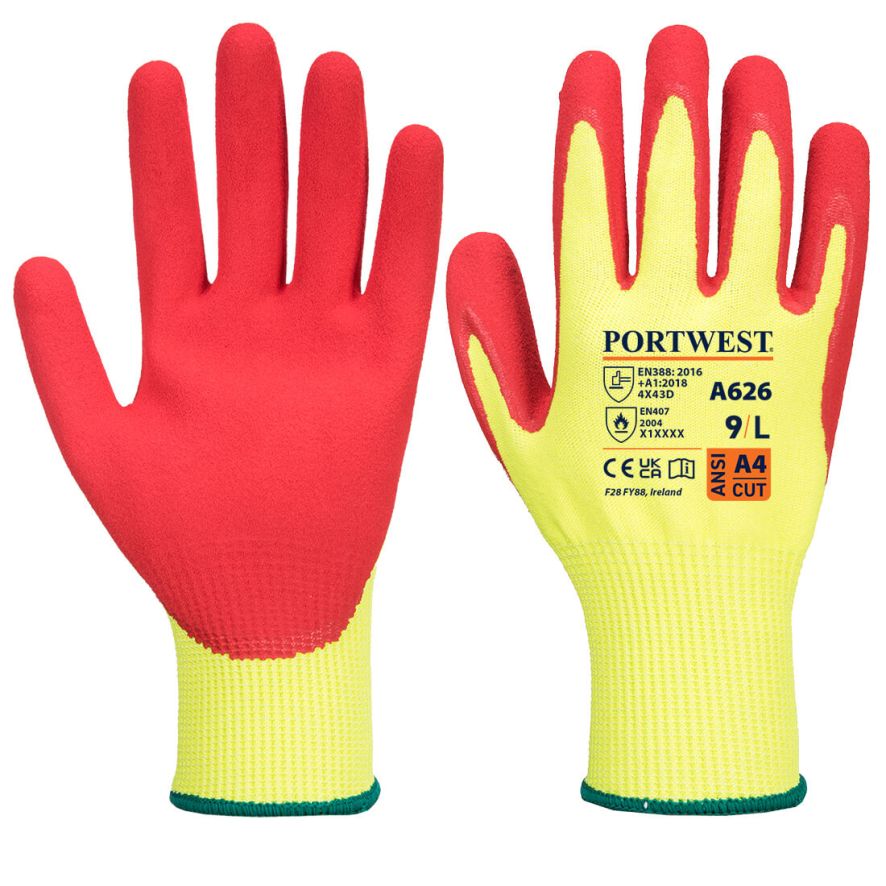 Vis-Tex HR Cut Glove - Nitrile, L, R, Yellow/Red