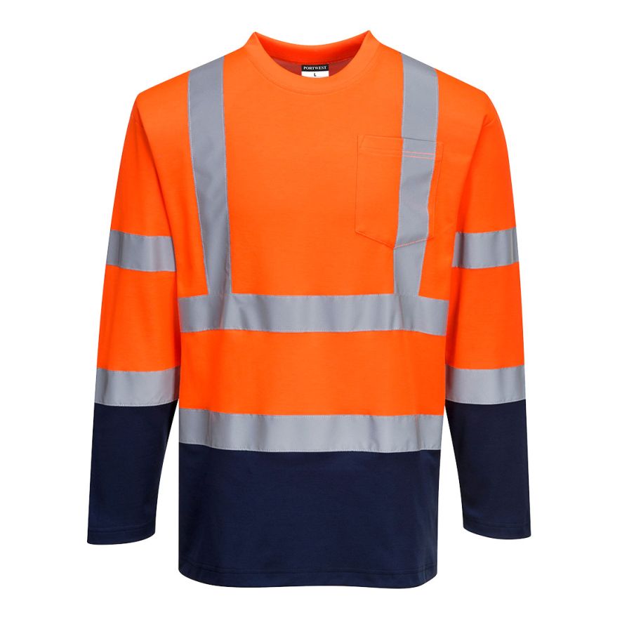 Hi-Vis Cotton Comfort Contrast T-Shirt L/S , L, R, Orange/Navy