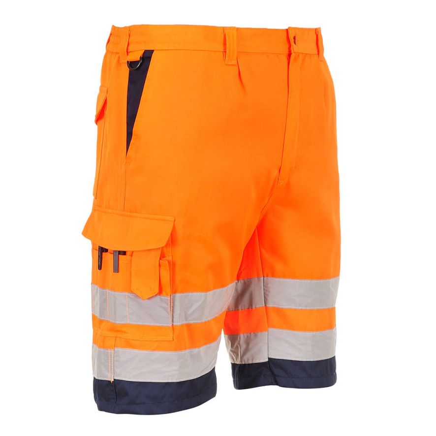 Hi-Vis Lightweight Polycotton Shorts, L, R, Orange/Navy