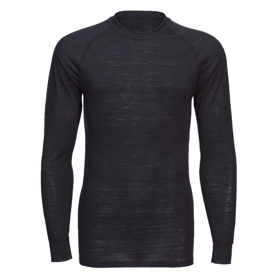 Merino Wool Crewneck Baselayer Top, L, R, Black