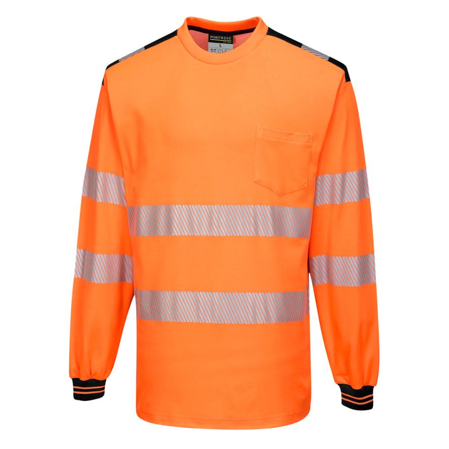 PW3 Hi-Vis Cotton Comfort T-Shirt L/S , 4XL, R, Orange/Black