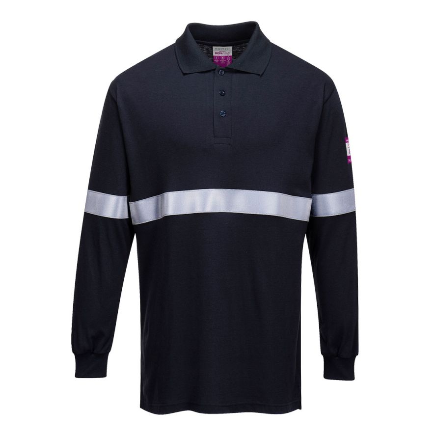 Flame Resistant Anti-Static Long Sleeve Polo Shirt with Reflective Tape, 4XL, R, Navy