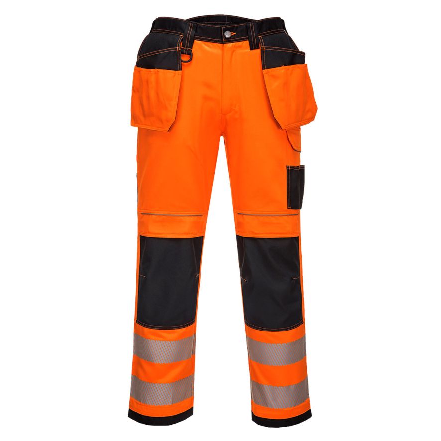 PW3 Hi-Vis Holster Pocket Work Trousers, 28, R, Orange/Black