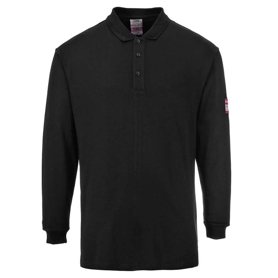 Flame Resistant Anti-Static Long Sleeve Polo Shirt, 4XL, R, Black